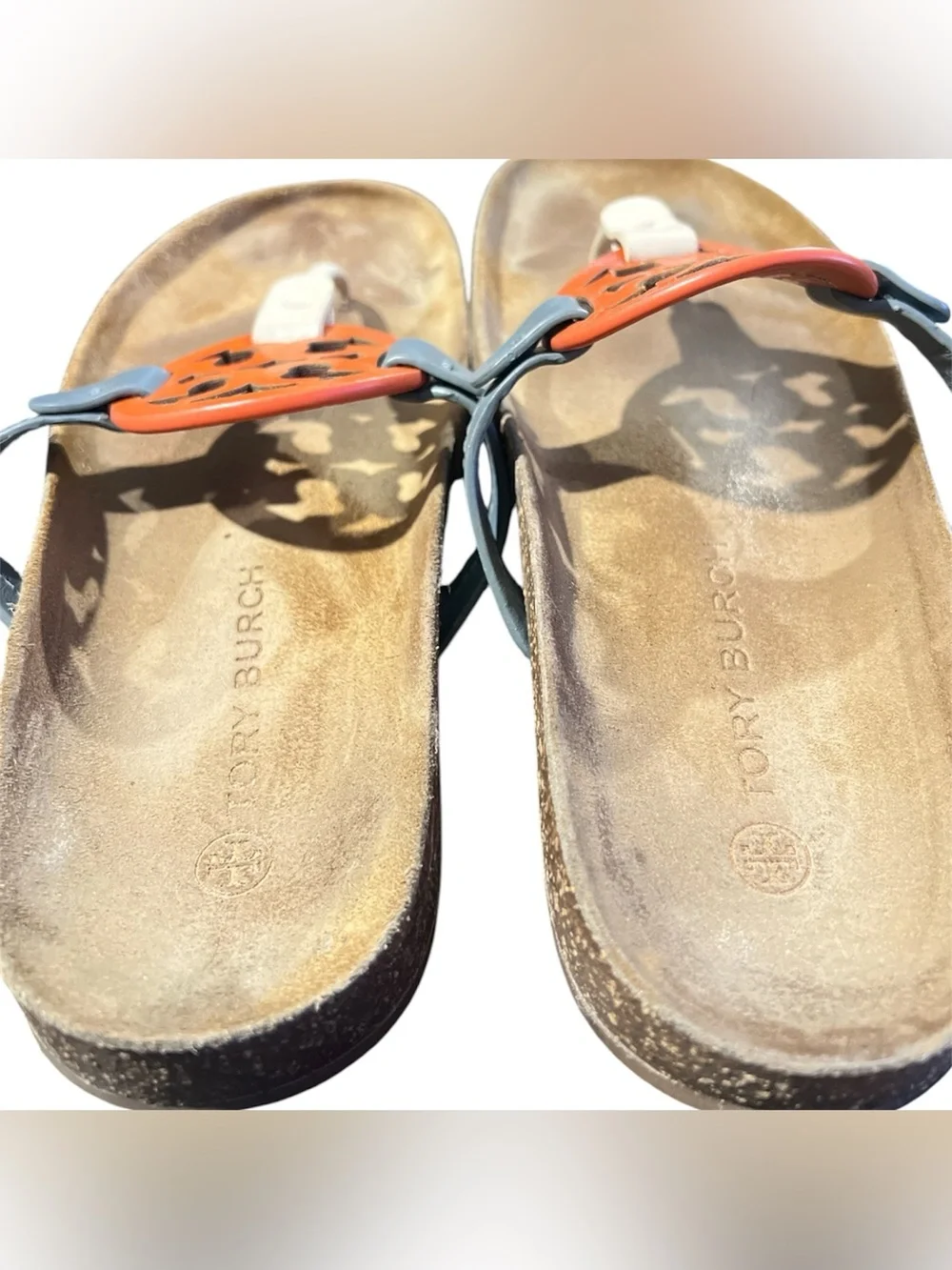 Tory Burch Orange and Gray Leather Cork Thong Sandals